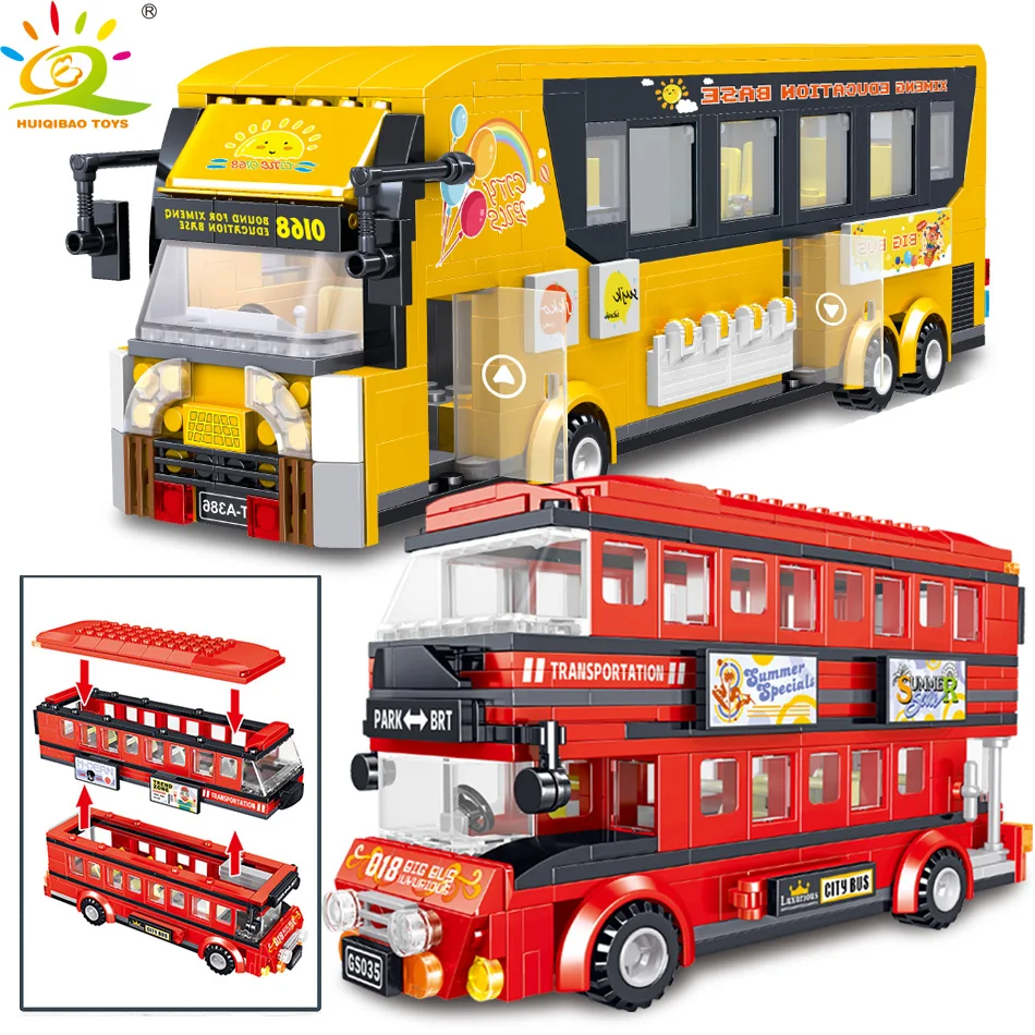

Tech двухслойный туристический школьный автобус BRT, строительные блоки, городской грузовик, автомобильные фигурки, автомобили, кирпичи, игруш...