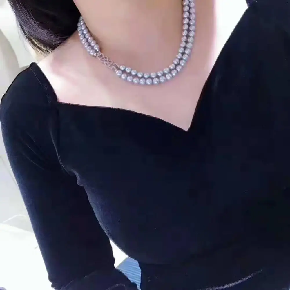 Hand knotted 2strands 8-9mm gray freshwater pearl necklace micro inlaid zircon button sweater chain long 44-47cm fashion jewelry
Hand knotted 2strands 8-9mm gray freshwater pearl necklace micro inlaid zircon button sweater chain long 44-47cm fashion jewelry