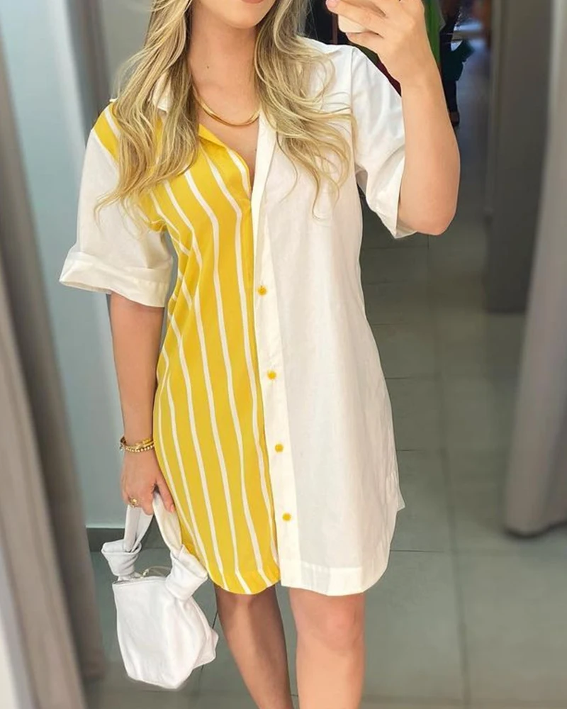 Women Summer Patchwork Long Shirts Casual Turn-down Collar Short Sleeve Single-breasted Tops
Women Summer Patchwork Long Shirts Casual Turn-down Collar Short Sleeve Single-breasted Tops