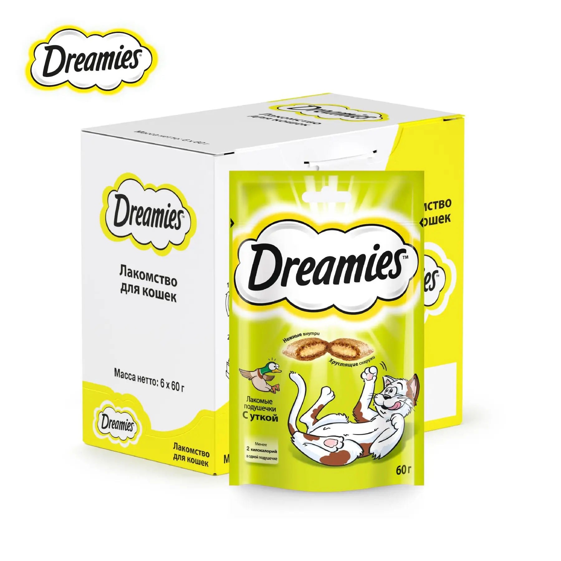 Лакомство для кошек Dreamies подушечки с уткой 6 шт по 60г|Кошачьи лакомства и