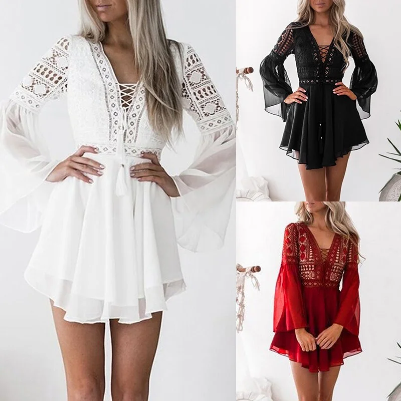 Lugentolo Sexy Dress Women Summer Lace Crochet Hollow V-neck Lace Horn Long Sleeve Chiffon Dress
Lugentolo Sexy Dress Women Summer Lace Crochet Hollow V-neck Lace Horn Long Sleeve Chiffon Dress