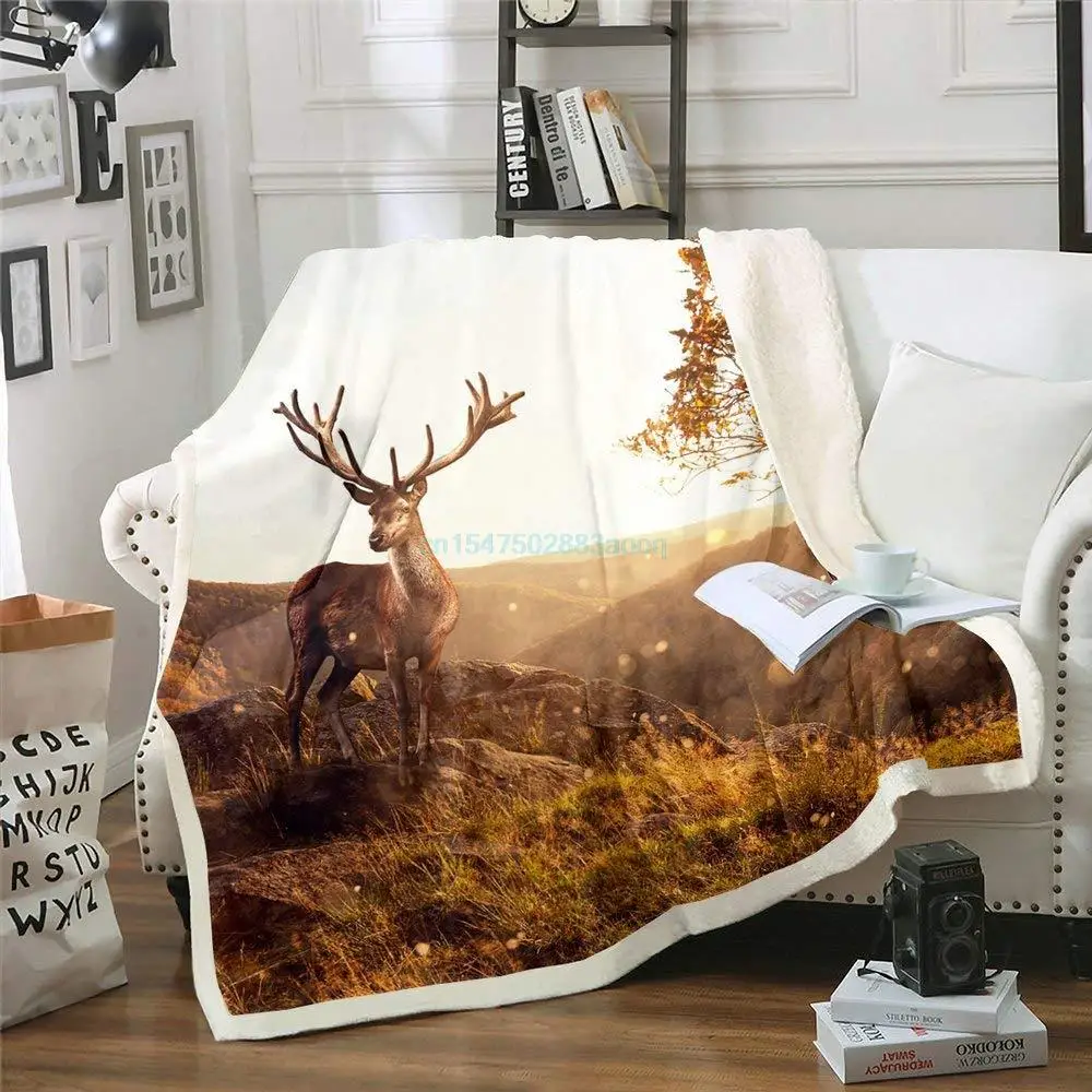 

Elk Mountain Sherpa Throw Blanket River Sika Deer Throw Blankets for Couch, Sofa Bed Living Room Grassland Sunset Flannel Throw