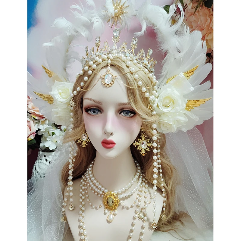 

Gothic Lolita White Rose Angel Wings KC Halo Crown Headpiece Sun Goddess Mary Bead Chain Baroque Tiara Headwear Hair Accessories