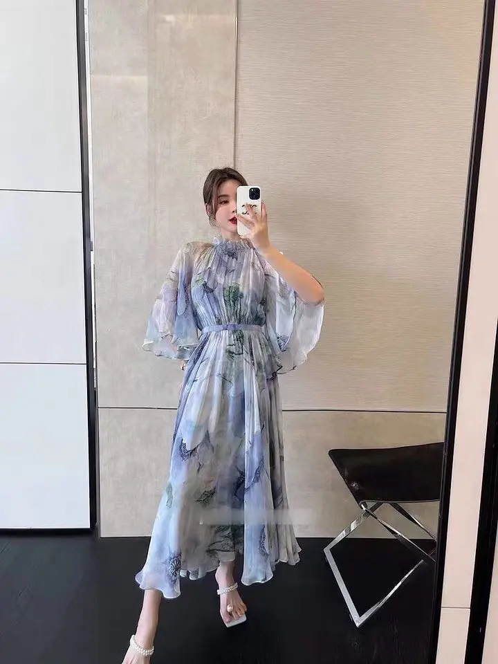 2021 натуральное шелковое платье в стиле ретро элегантное нежное темпераментное Платье с принтом 
2021 натуральное шелковое платье в стиле ретро элегантное нежное темпераментное Платье с принтом