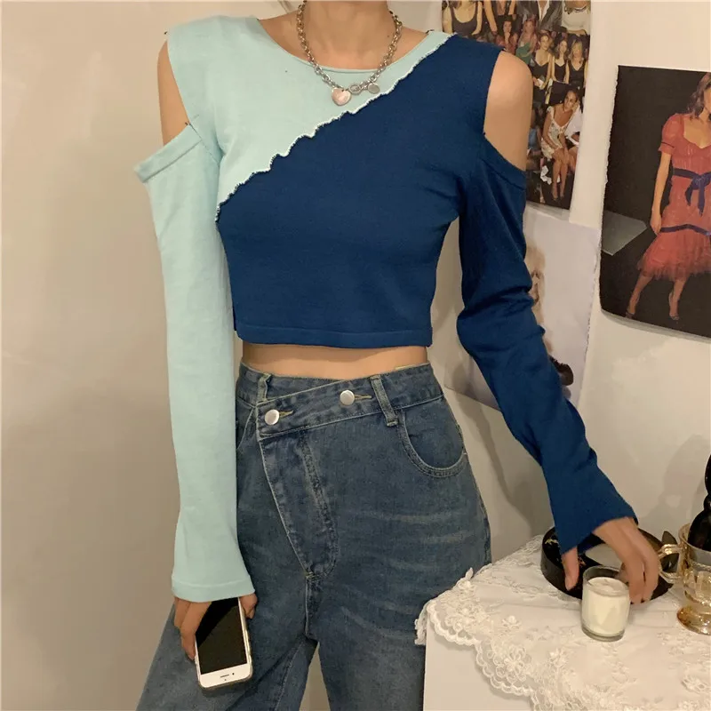 Spring Autumn O-neck Patchwork Off Shoulder T Shirt Korean Slim Long Sleeve Crop Tops Women Clothing Ins Hipster Tees Female New
Spring Autumn O-neck Patchwork Off Shoulder T Shirt Korean Slim Long Sleeve Crop Tops Women Clothing Ins Hipster Tees Female New
