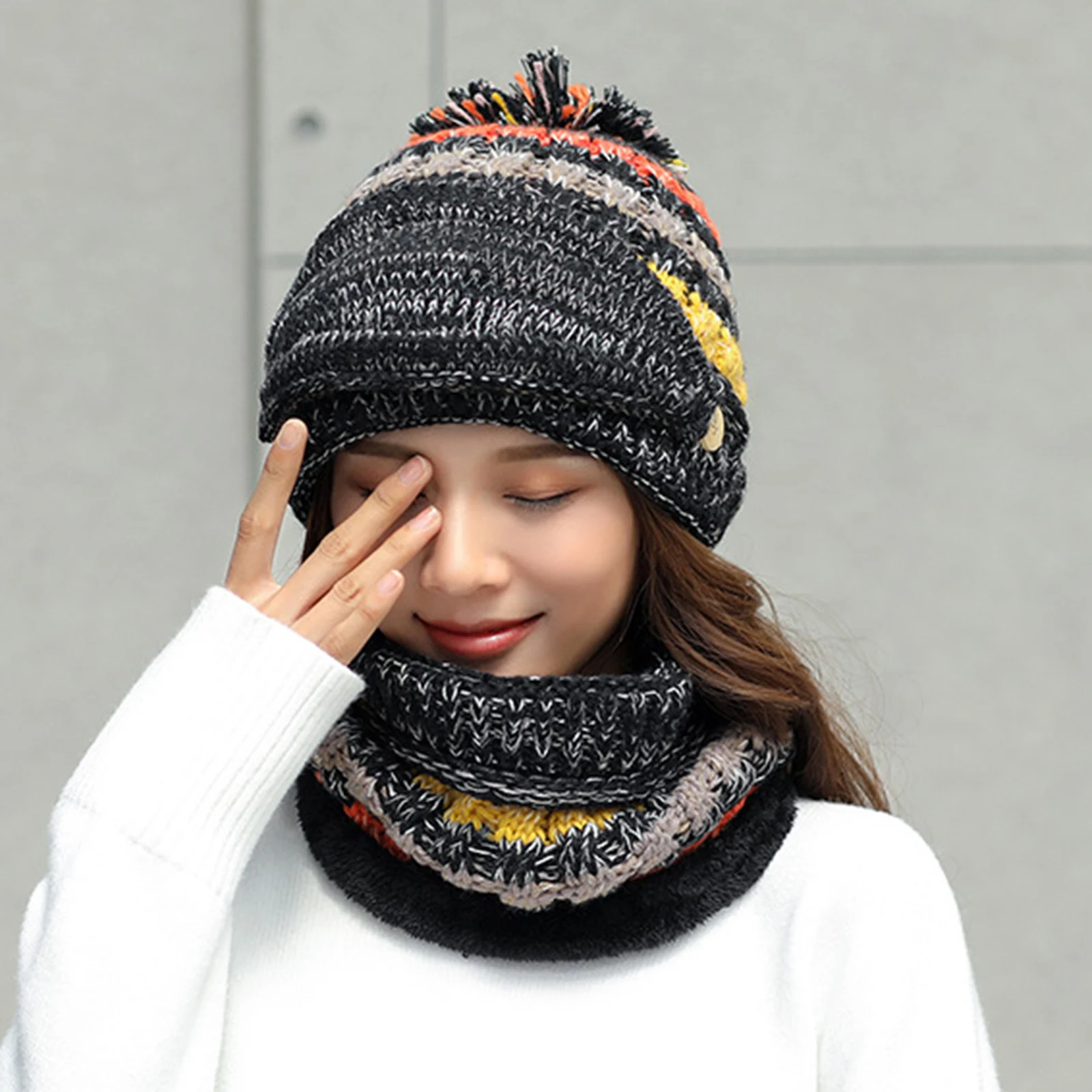 Three-Piece Set Soft Warm Knit Beanie Scarf Face Cover Thickened Winter Ski Hat with Pompom for Women Girls C44
Three-Piece Set Soft Warm Knit Beanie Scarf Face Cover Thickened Winter Ski Hat with Pompom for Women Girls C44