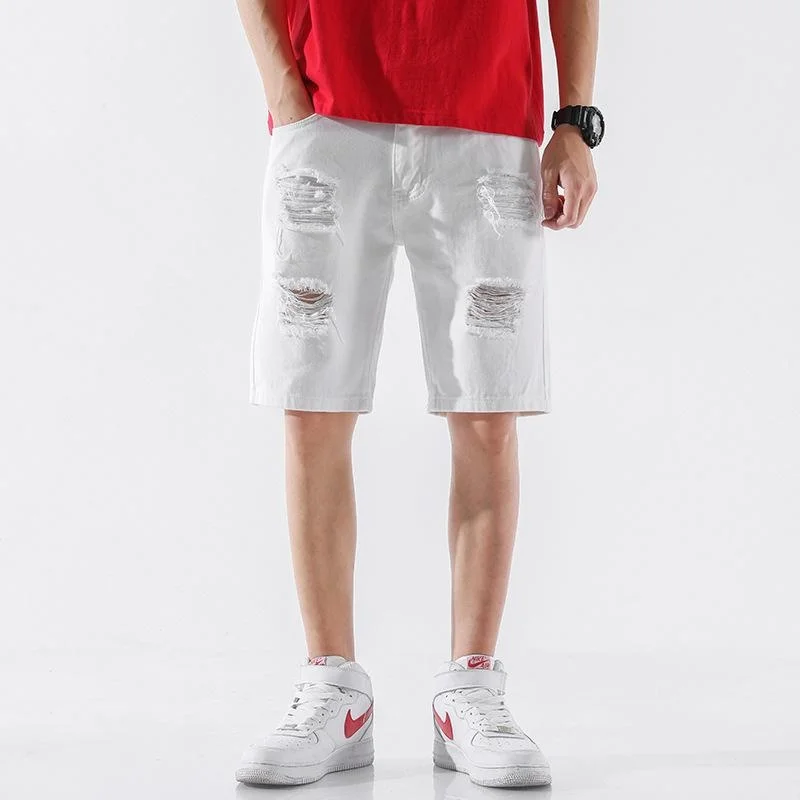 Брюки мужские джинсовые средней длины, модные рваные прямые свободные штаны, однотонные, лето-40 
Брюки мужские джинсовые средней длины, модные рваные прямые свободные штаны, однотонные, лето-40