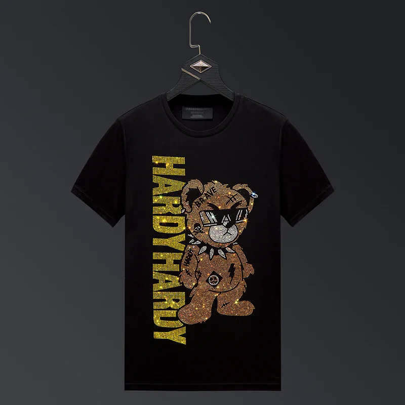 

2021 медведь Стразы футболки Мужская брендовая модная верхняя одежда в уличном стиле, с круглым воротом, с коротким рукавом, тонкая модальный ...