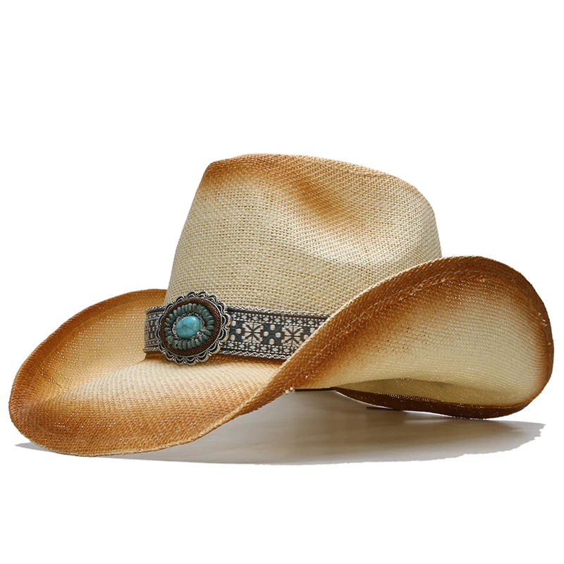 

Turquoise Band Casual Hollowed Out Women Men Unisex's Retro Raffia Straw Wide Brim Beach Cowboy Cowgirl Western Sun Hat (58cm)