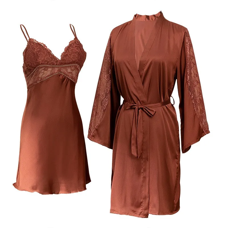 Sexy Hollow Out Robe Set Women Satin 2PCS Sleepwear Lace Trim Nighty&Robe Set Female Kimono Gown V-neck Home Dressing Gown
Sexy Hollow Out Robe Set Women Satin 2PCS Sleepwear Lace Trim Nighty&Robe Set Female Kimono Gown V-neck Home Dressing Gown