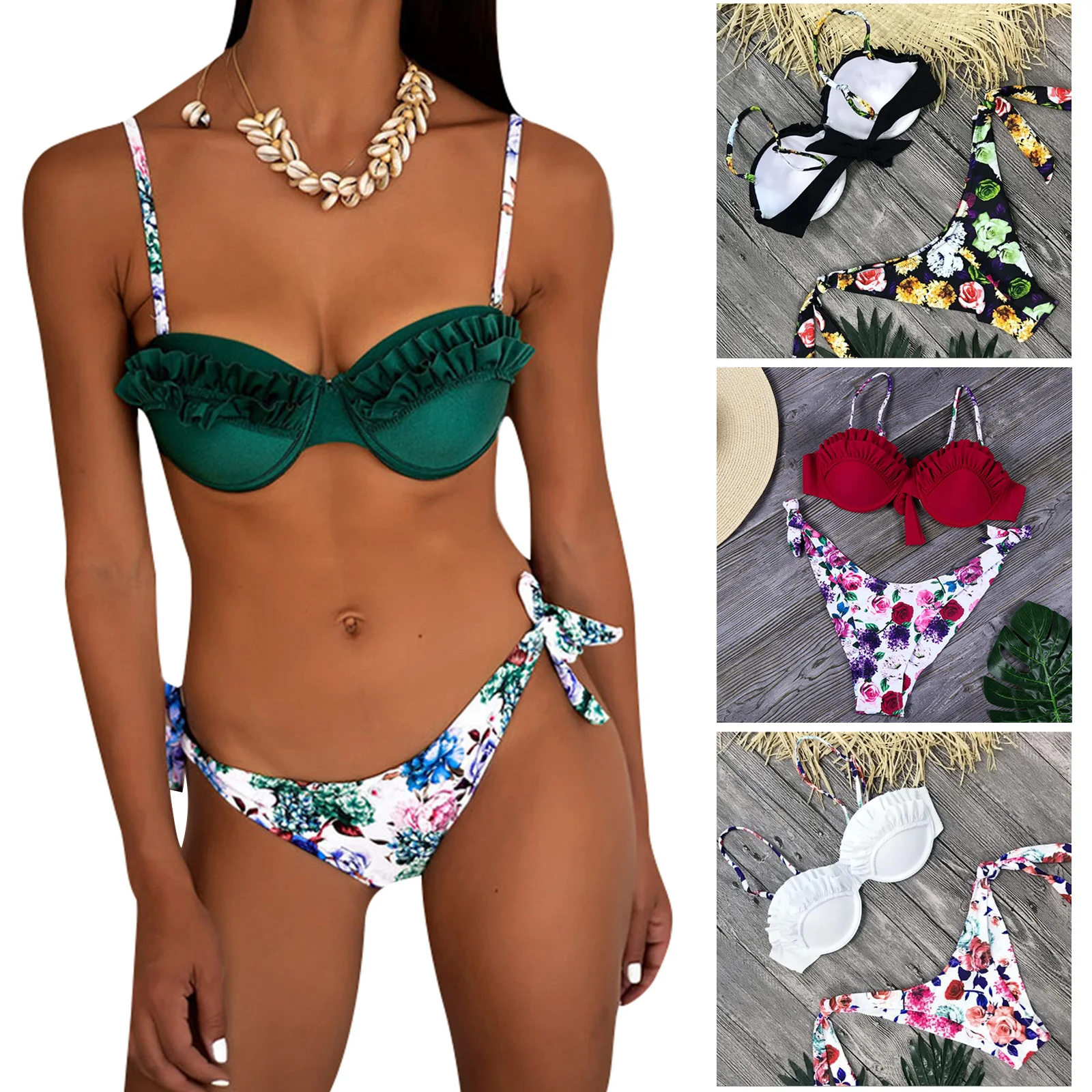 Women Two Piece Suit Bikini Sets, Ruffle Shell Cup Bra Floral Tie Up Thong Swimsuit Bathing Suits
Women Two Piece Suit Bikini Sets, Ruffle Shell Cup Bra Floral Tie Up Thong Swimsuit Bathing Suits
