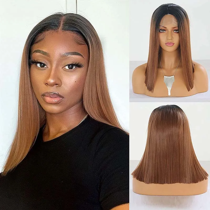 

AIMEYA Ombre Brown Dark Roots Short Synthetic Lace Front Wig Middle Part Silky Straight Bob Hair Lace Wigs for Women Glueless