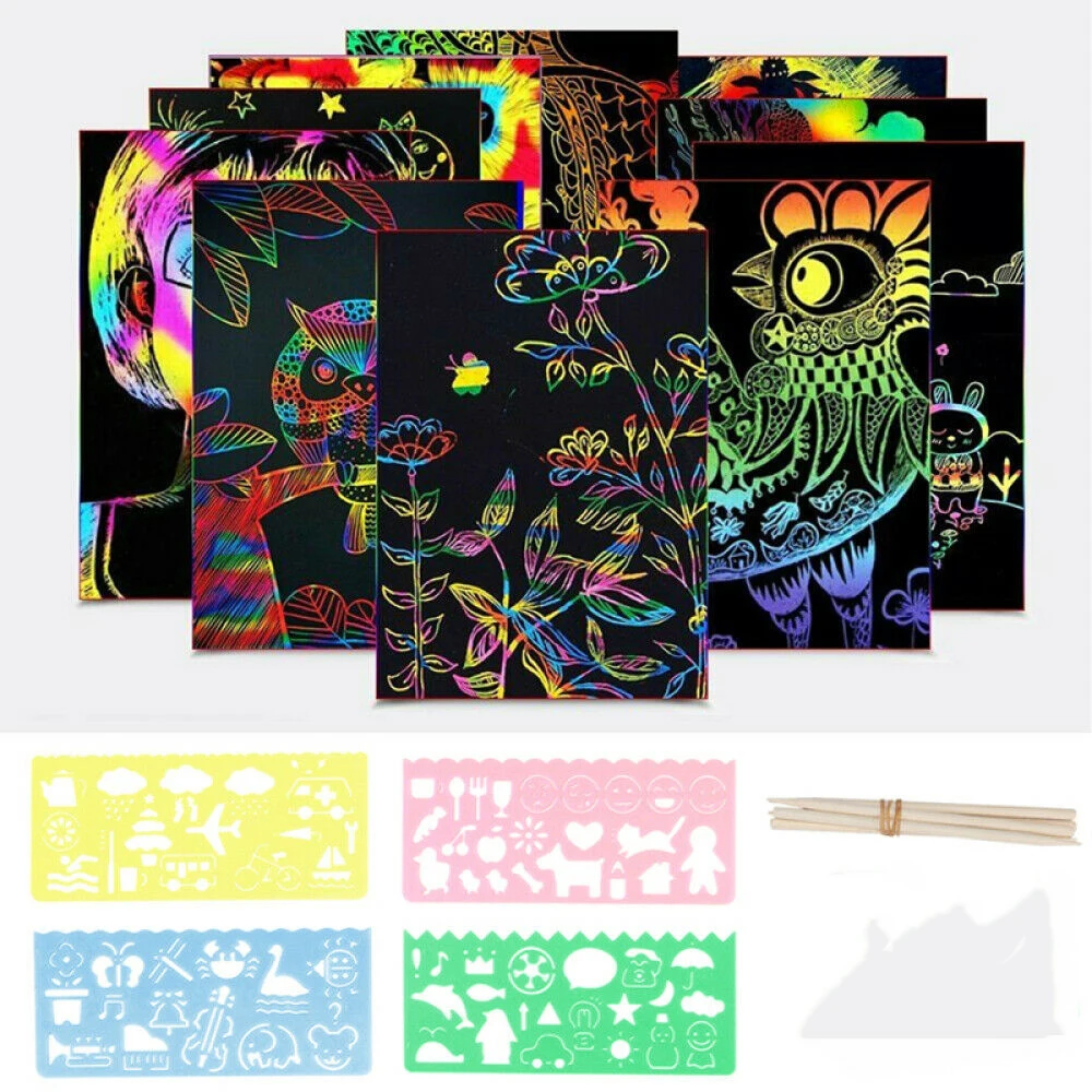 Scratch Paper Art Set, 50 Sheets Magic Color Rainbow Scratch Art Paper Card With Graffiti Stencil For Drawing Stick Toy For Kids
Scratch Paper Art Set, 50 Sheets Magic Color Rainbow Scratch Art Paper Card With Graffiti Stencil For Drawing Stick Toy For Kids