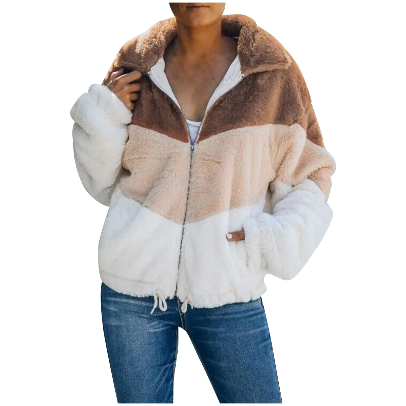 Lamb Wool Top Loose And Thin Long-sleeved Short Jacket Women's Color Block Fuzzy Zipper Pockets Winter Oversized Outwear Coat
Lamb Wool Top Loose And Thin Long-sleeved Short Jacket Women's Color Block Fuzzy Zipper Pockets Winter Oversized Outwear Coat