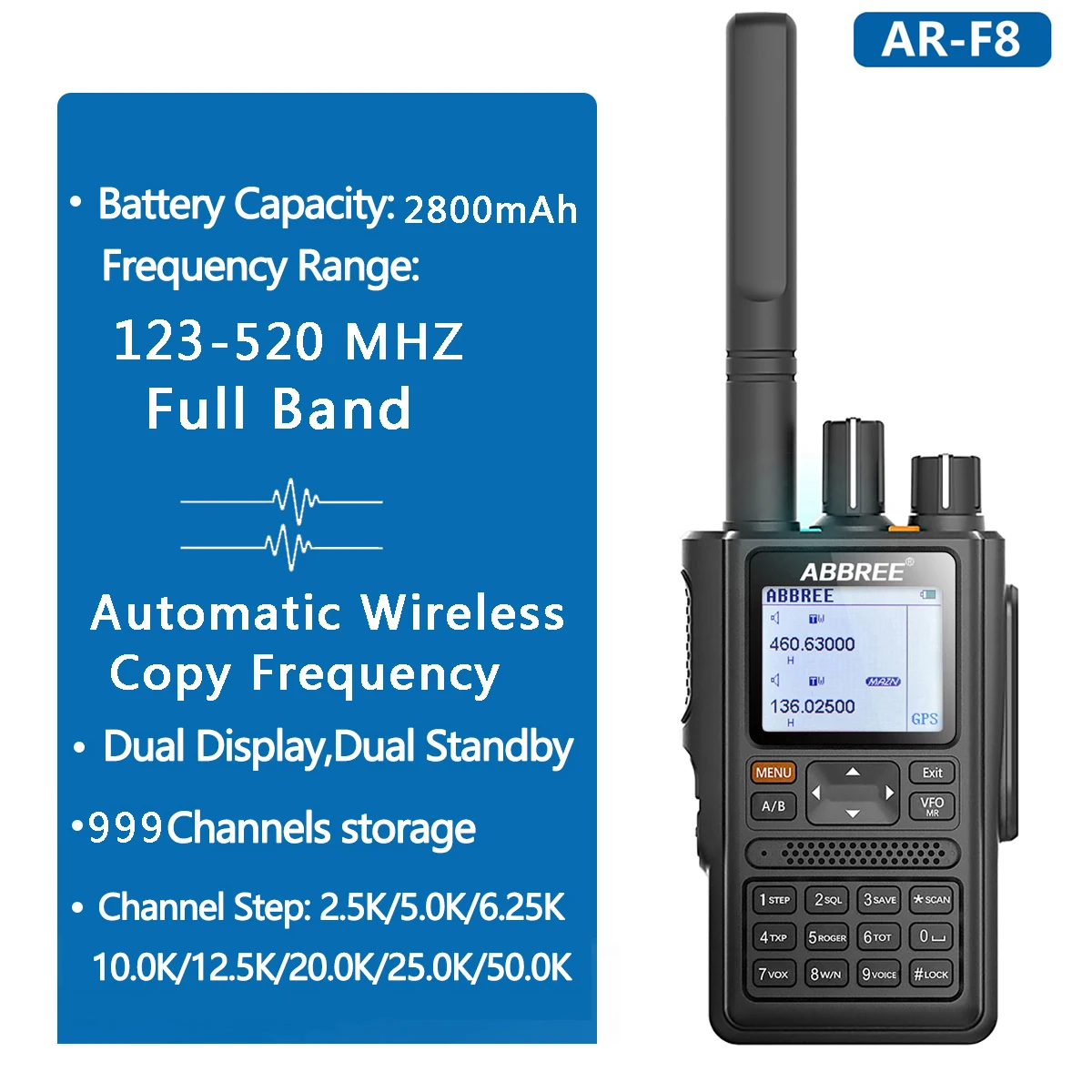 ABBREE AR-F8 GPS Автоматическая копия частоты Walkie Talkie 123-520MHz Полная частота CTCSS