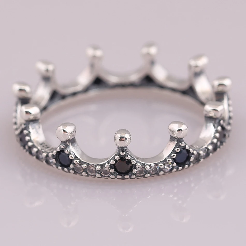 S925 Зачарованный Корона Черный & прозрачные хрустальные кольца для женщин