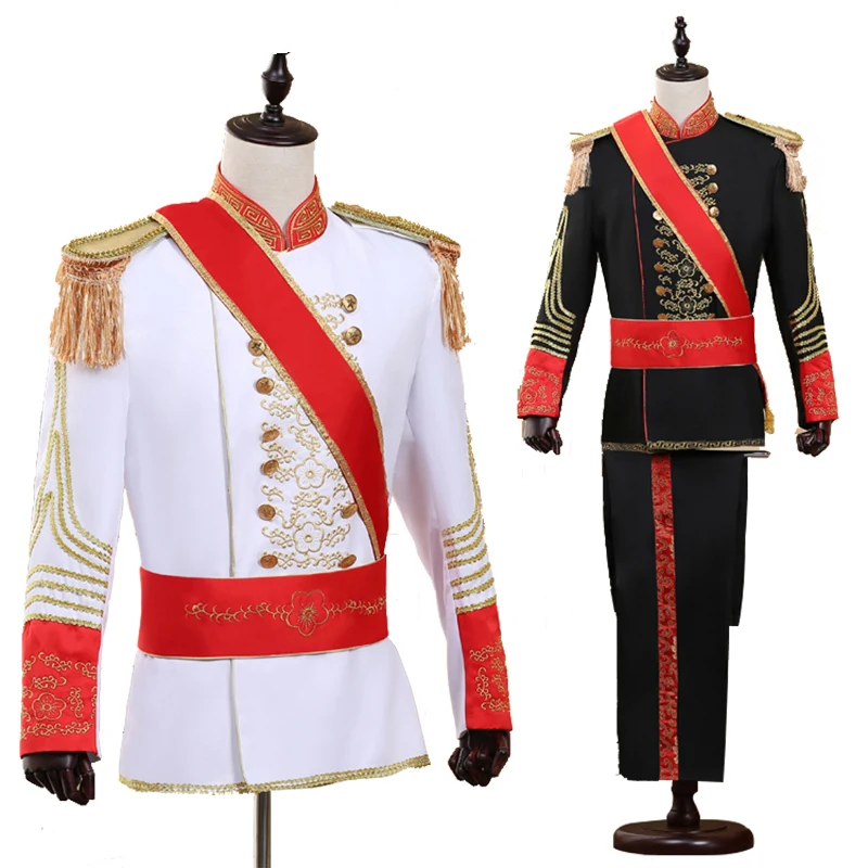 

Suits Men Military Uniform Palace Prince Suit Marshal Soldier Honour Guard Dress Stage Costumes Music Singer Host Black White