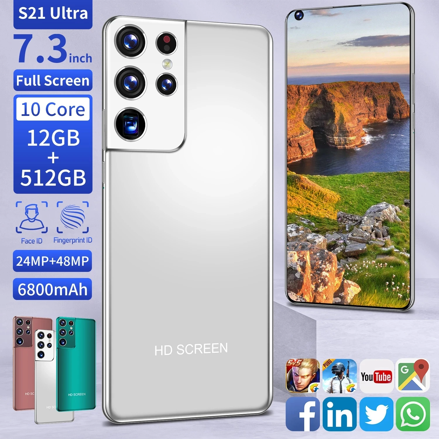 Global Version S21 Ultra 7.3 Inch Cellphone 12GB+512GB MTK6889 10 Core 24+48MP Andriod 10 Phone Dual SIM 4G LTE 5G Smart Phone
Global Version S21 Ultra 7.3 Inch Cellphone 12GB+512GB MTK6889 10 Core 24+48MP Andriod 10 Phone Dual SIM 4G LTE 5G Smart Phone