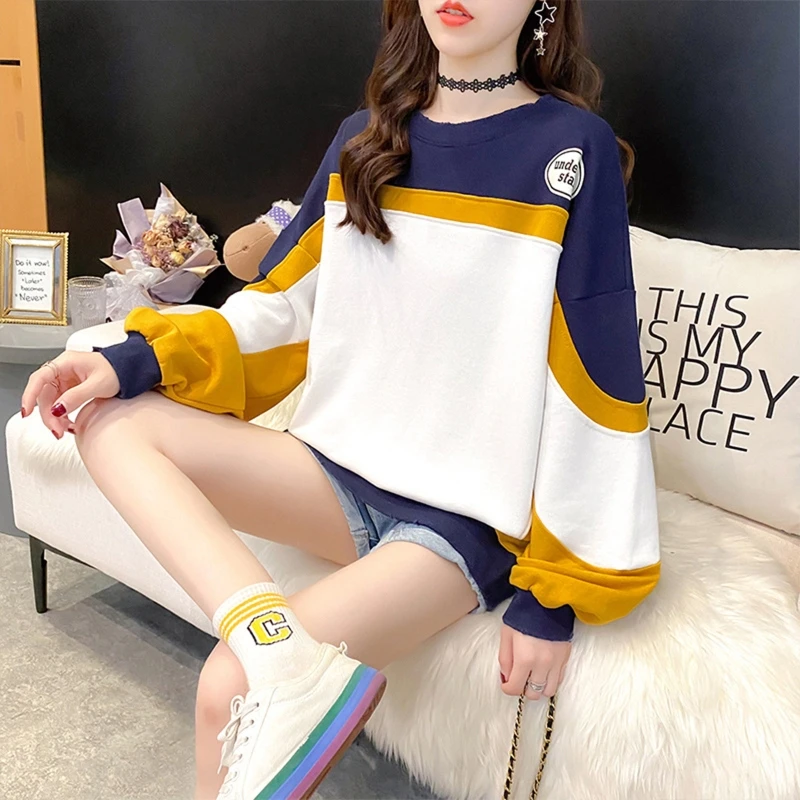 Women Spring Autumn Long Sleeves Round Neck Sweatshirt Contrast Stitching Letter Printing Casual Pullover Mid-length Loose Tops
Women Spring Autumn Long Sleeves Round Neck Sweatshirt Contrast Stitching Letter Printing Casual Pullover Mid-length Loose Tops