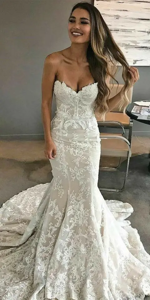 Elegant V-Neck Mermaid Long Lace Wedding Dresses Lace Up Back Sweep Train Bridal Gowns for Women
Elegant V-Neck Mermaid Long Lace Wedding Dresses Lace Up Back Sweep Train Bridal Gowns for Women