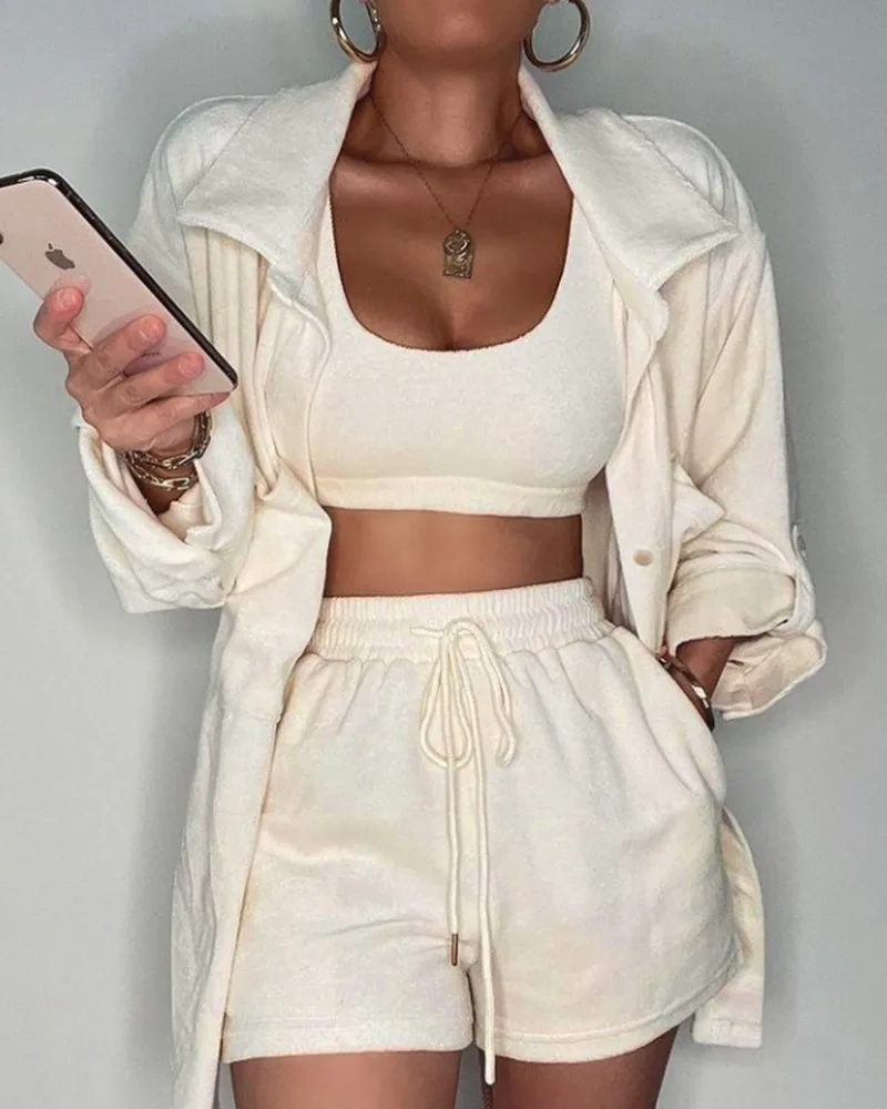 3 Piece Shorts Set Women Crop Tank Top & Drawstring Pocket Shorts With Button Through Roll Up Sleeve Coat Set
3 Piece Shorts Set Women Crop Tank Top & Drawstring Pocket Shorts With Button Through Roll Up Sleeve Coat Set