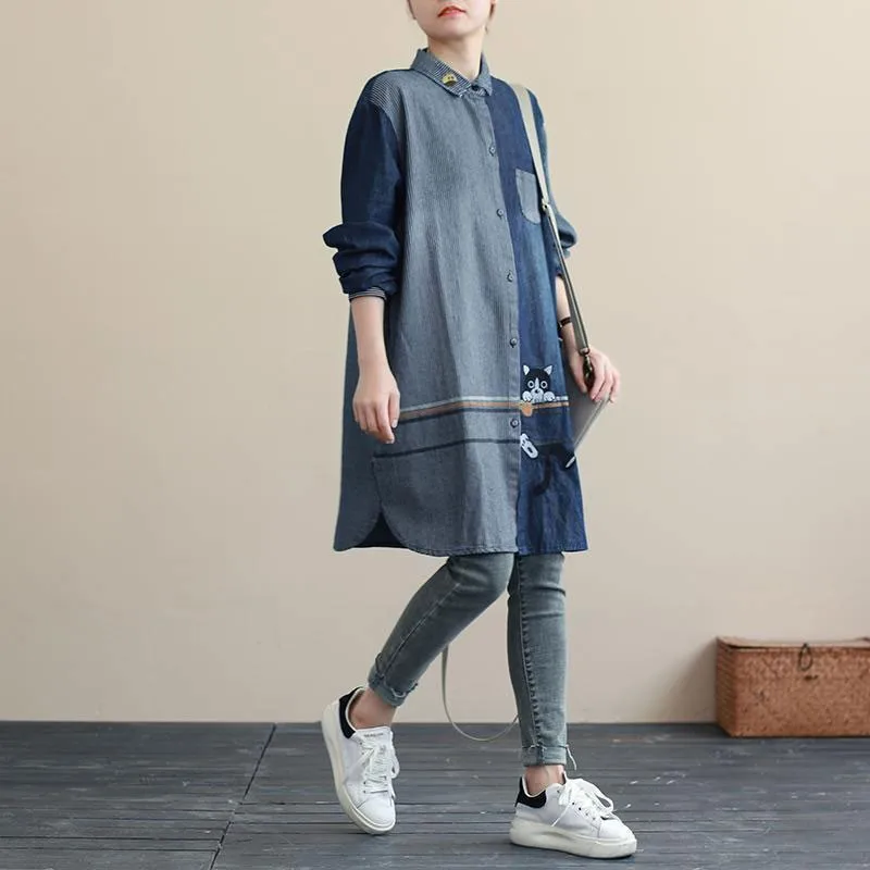 Spring Autumn Arts Style Women Turn-down Collar Long Denim Shirt Coat Stripe Patchwork Embroidery Loose Blouse Femme M524
Spring Autumn Arts Style Women Turn-down Collar Long Denim Shirt Coat Stripe Patchwork Embroidery Loose Blouse Femme M524