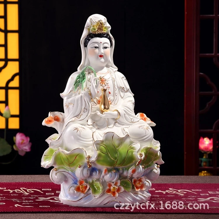 

14 inches High white jade porcelain sitting lotus leaf Guanyin Bodhisattva Buddha statue ornament