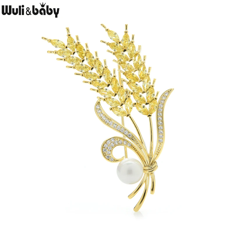 

Wuli&baby Cubic Zircon Wheat Brooches For Women Unisex Pearl Yellow Wheat Flower Party Office Brooch Pins Gifts