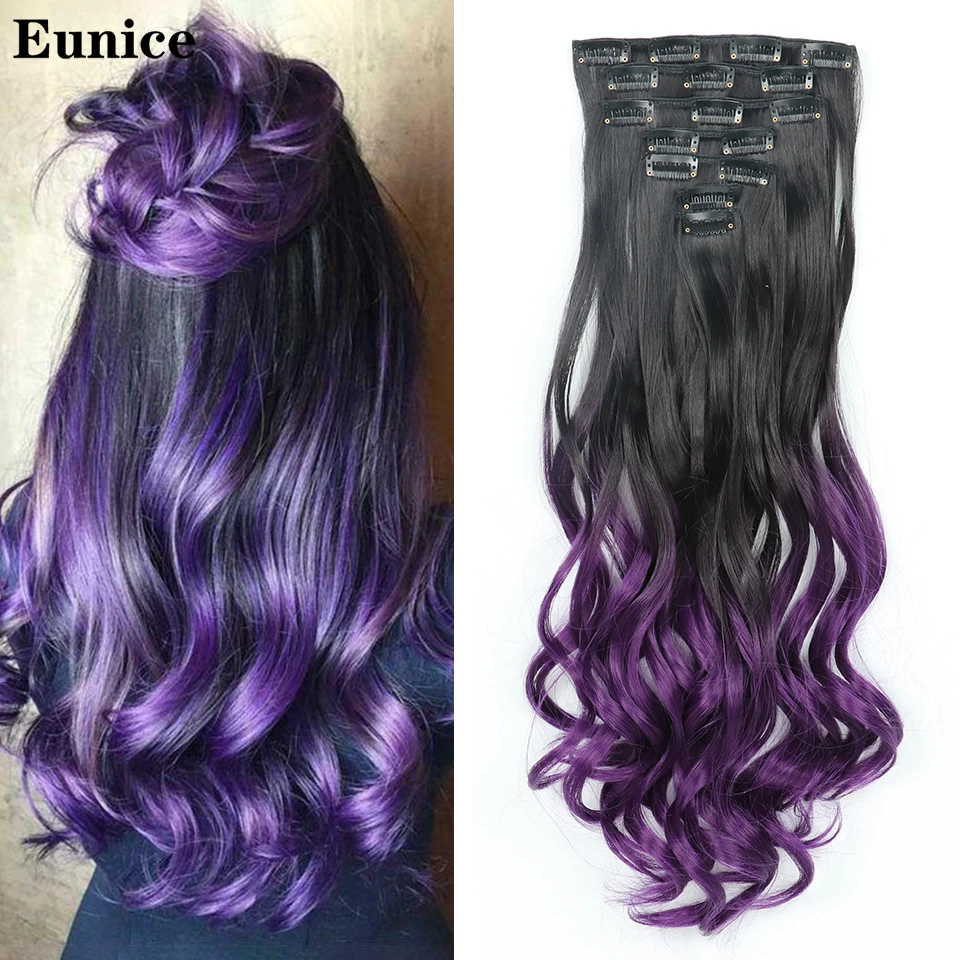 

Eunice hair 22inch Ombre Long curly Hair Extension 7pcs/set 16 Clips High Tempreture Synthetic Hairpiece Clip in Hair Extensions