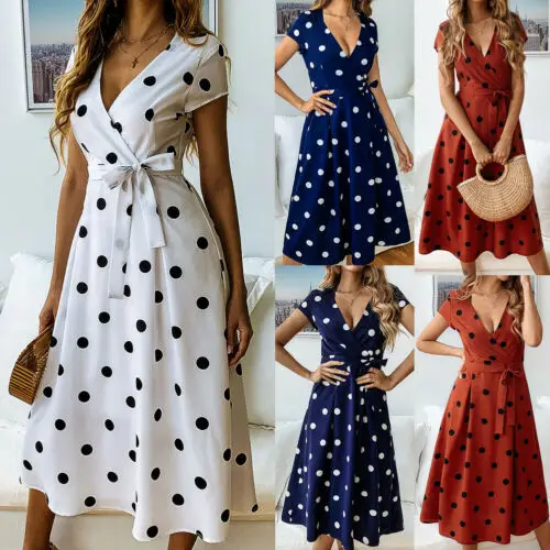 Women Summer Beach Casual Long Sundress Polka Dot Midi Dress Boho Evening Party V Neck Casual Dress
Women Summer Beach Casual Long Sundress Polka Dot Midi Dress Boho Evening Party V Neck Casual Dress