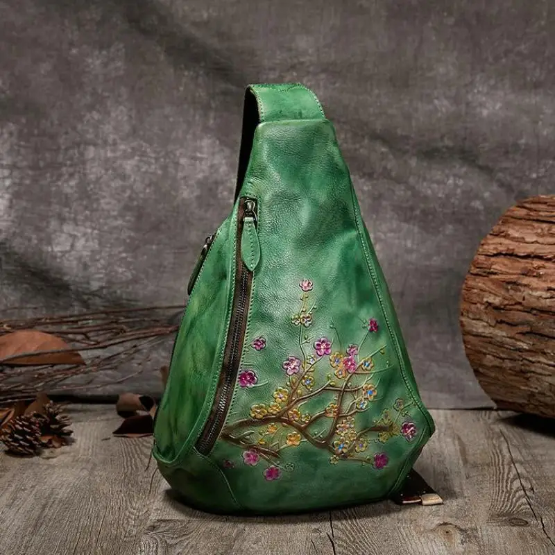 Женская нагрудная сумка из натуральной воловьей кожи с цветочным принтом| |