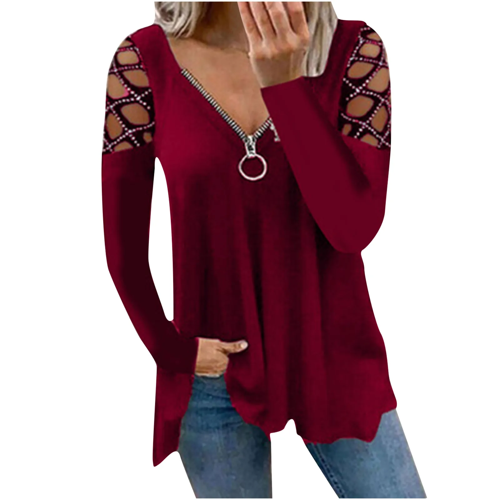 Fashion Women's V-neck Long Sleeve T-shirt Fall 2021 Pure Color Hollow Shirt Zipper Top T-shirt Female Red
Fashion Women's V-neck Long Sleeve T-shirt Fall 2021 Pure Color Hollow Shirt Zipper Top T-shirt Female Red