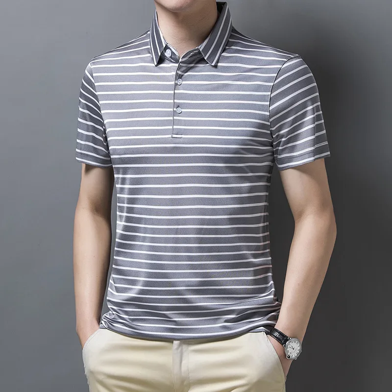 New summer 2021 men's silk stripe short sleeve T-shirt business casual ice thin polo shirt
New summer 2021 men's silk stripe short sleeve T-shirt business casual ice thin polo shirt