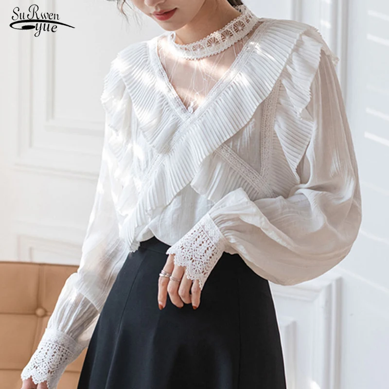 Gentle Long Sleeve Stand Collar Women Shirt Spring Elegant Mesh Stitching Ruffle Blouse with Lace Hollow Flower Top Blusas 16801
Gentle Long Sleeve Stand Collar Women Shirt Spring Elegant Mesh Stitching Ruffle Blouse with Lace Hollow Flower Top Blusas 16801