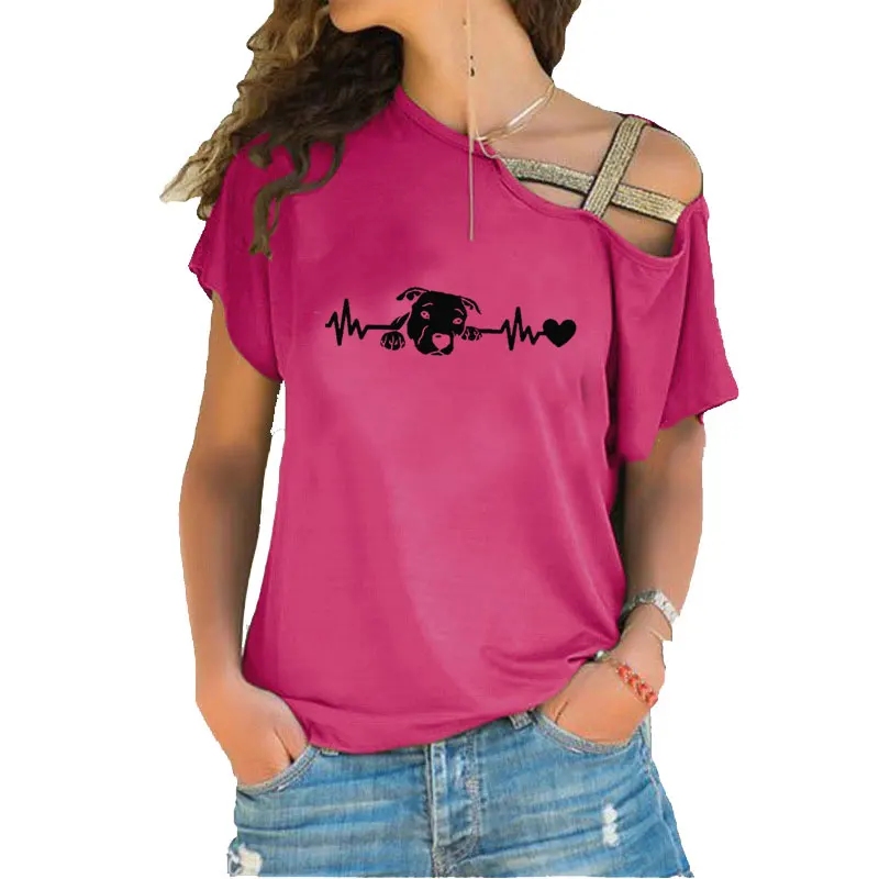 

Love My Pitbull Heartbeat LifeLine Print Women T Shirt Short Sleeve Loose Women Irregular Skew Cross Bandage style tee tops