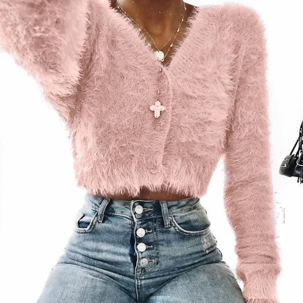 Women Sweater Fashion V-neck Long Sleeve Furry Casual Crop Popular Tops Crochet Knit #45 |