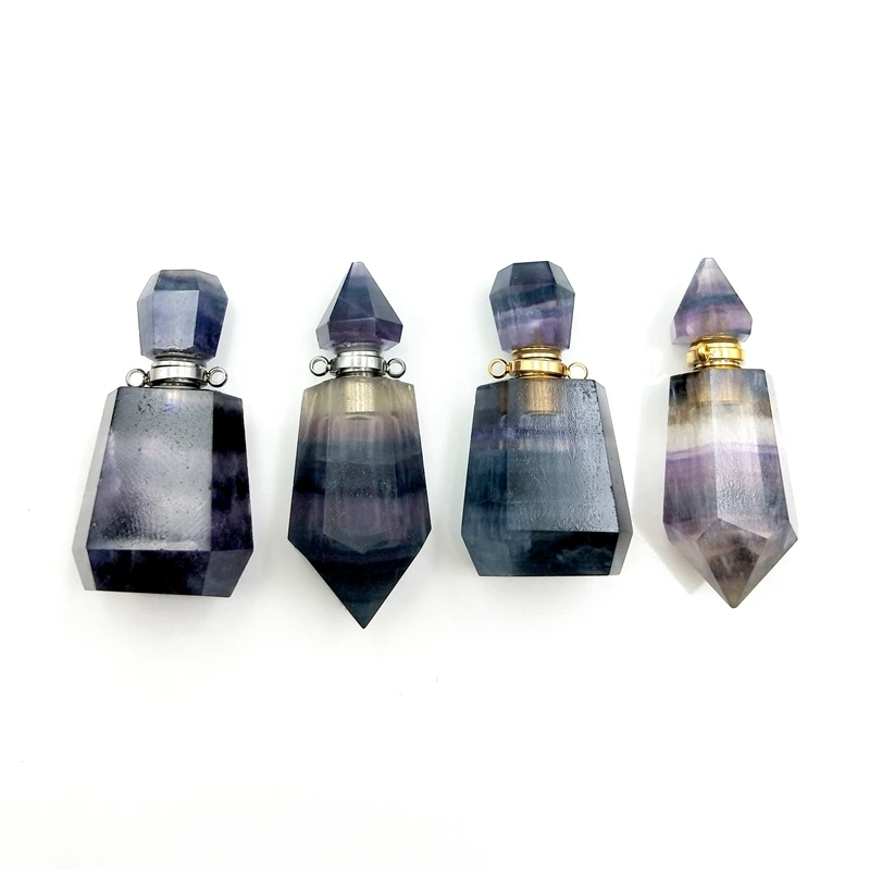 

Natural Rainbow Fluorite Perfume Bottle, Essentail Oil Diffuser Vial Pendants for Necklace Making, Healing Crystal Jewelry