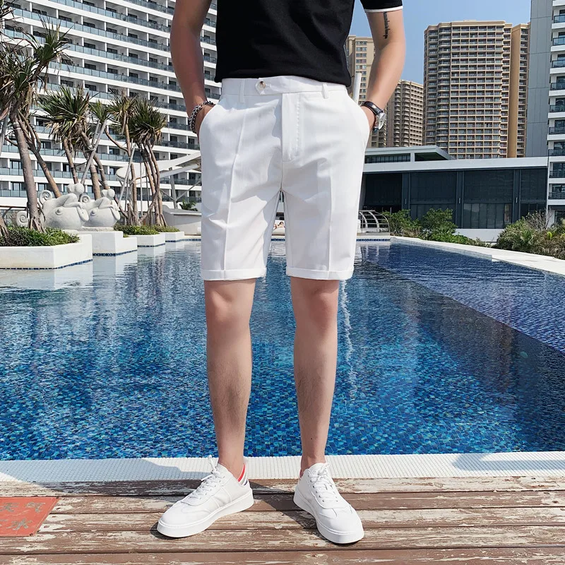 summer high-quality trousers men's fashion business solid color suit shorts black white gray slim shorts suit five-point pants 
summer high-quality trousers men's fashion business solid color suit shorts black white gray slim shorts suit five-point pants