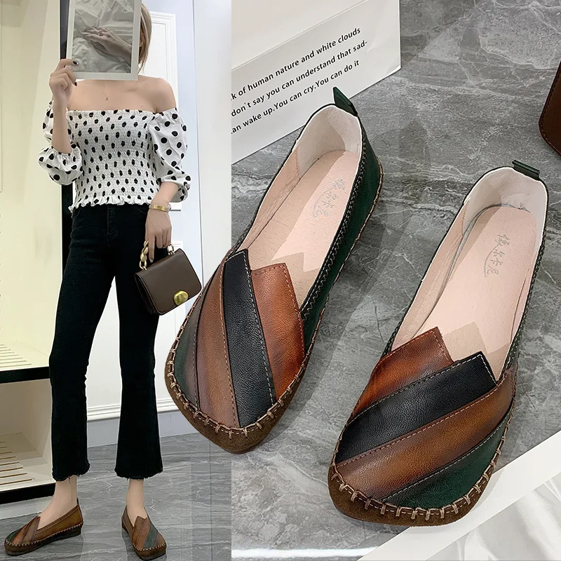 

Autumn Square Toe Leather Women's Flat Shoes Casual Shallow Slip on Moccasin Shoes for Women Retro Soft Sole Peas Shoes Women