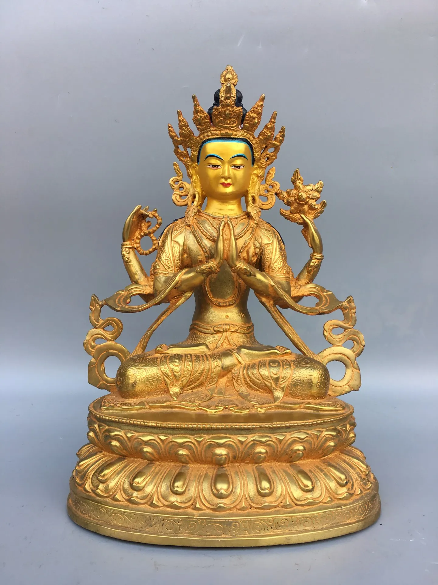 13"China Buddhism Old Bronze Gilt outline in gold Four-armed Guanyin Bodhisattva statue Sitting Buddha Enshrine the Buddha
13"China Buddhism Old Bronze Gilt outline in gold Four-armed Guanyin Bodhisattva statue Sitting Buddha Enshrine the Buddha