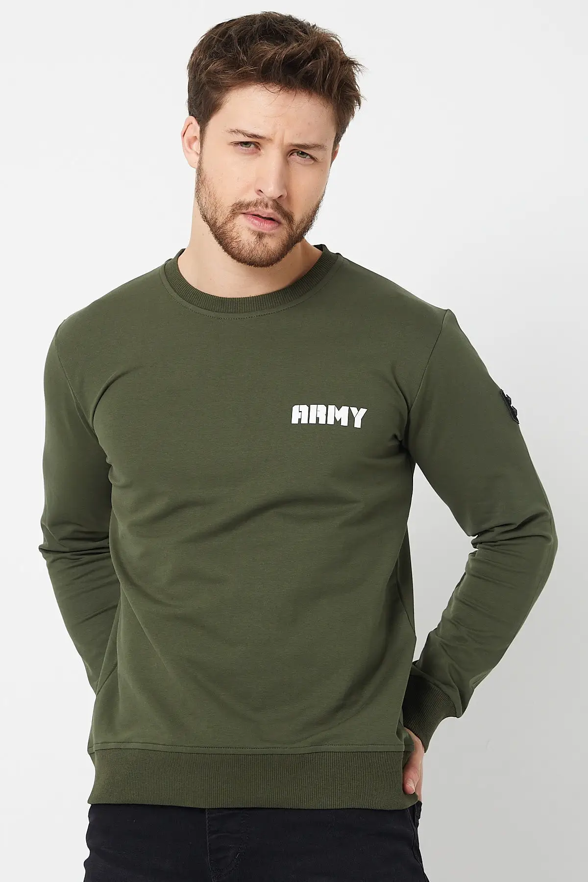Army Men 'S Khaki Printed Sleeve Embroidery Detail Bike Collar Slim Sweatshirt Daily Casual 
Army Men 'S Khaki Printed Sleeve Embroidery Detail Bike Collar Slim Sweatshirt Daily Casual