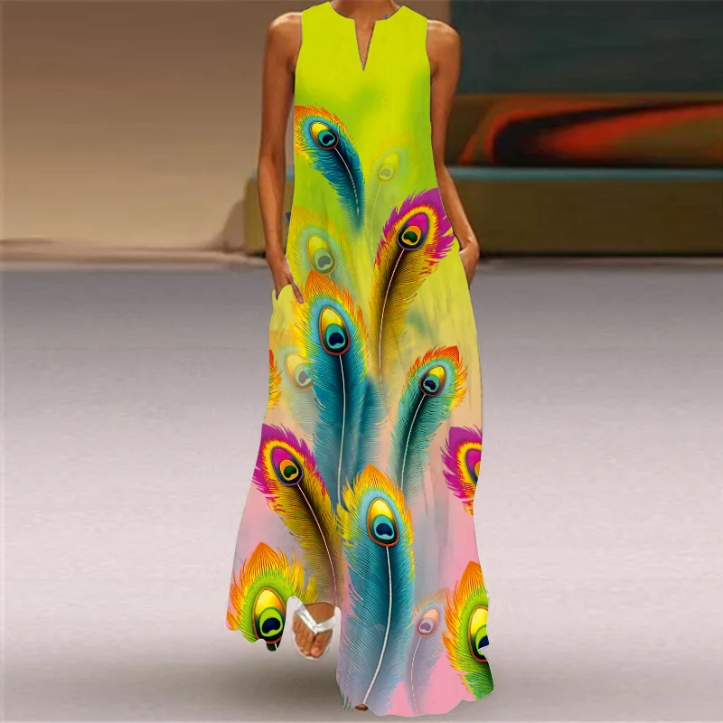 Colorful Feather Print Woman Dress Sleeveless 2021 V Neck Casual Oversized Long Dresses Summer Girl Beach Maxi Dress Women
Colorful Feather Print Woman Dress Sleeveless 2021 V Neck Casual Oversized Long Dresses Summer Girl Beach Maxi Dress Women