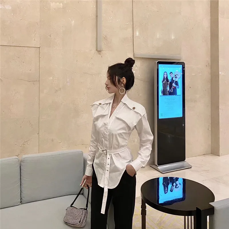 Женские блузки WHITNEY WANG весна 2020 уличная мода блузка с карманами на плечах и поясом