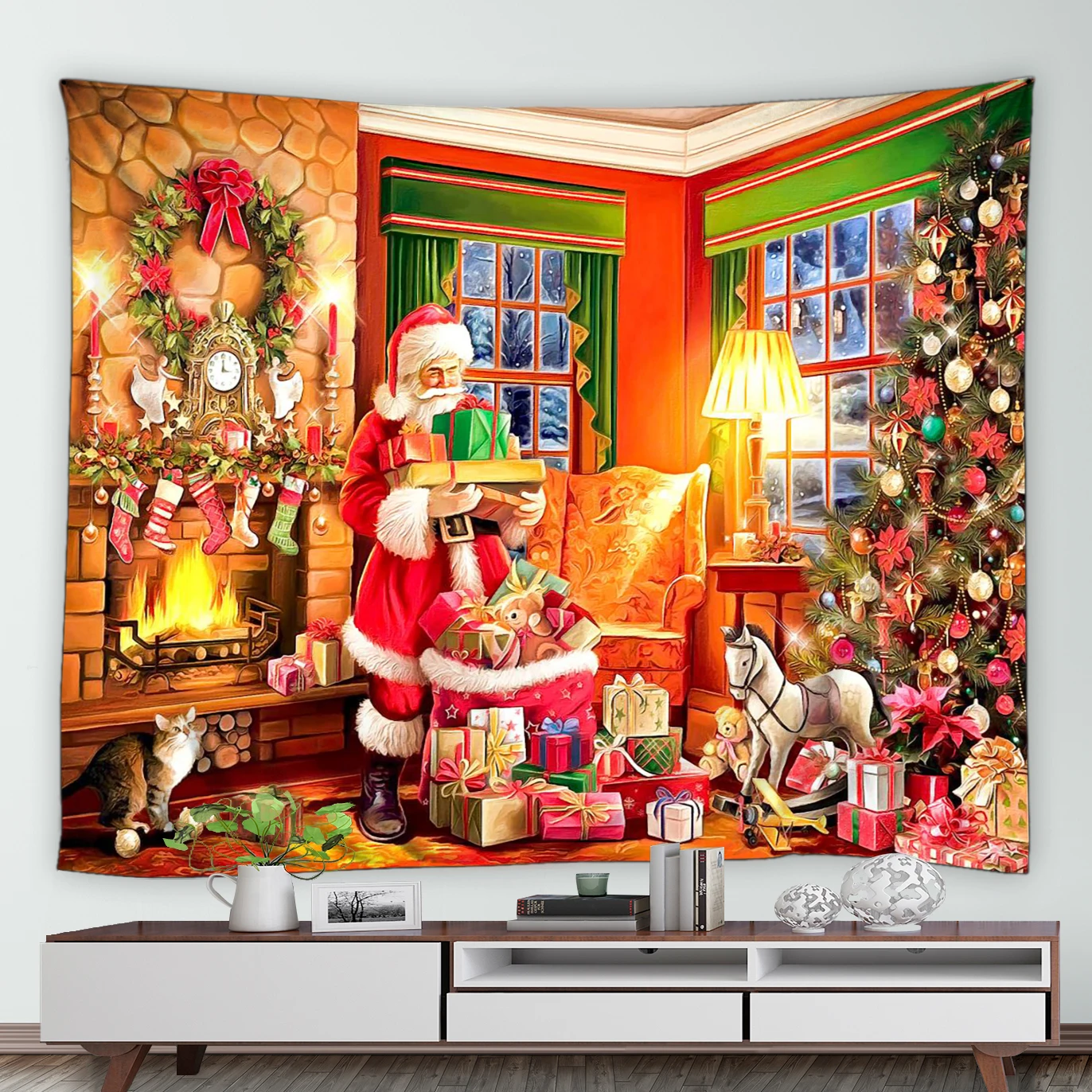 

Christmas House Tapestry Santa Claus Gifts Fireplace Xmas Tree Home New Year Wall Hanging Retro Oil Painting Mural Tapestries