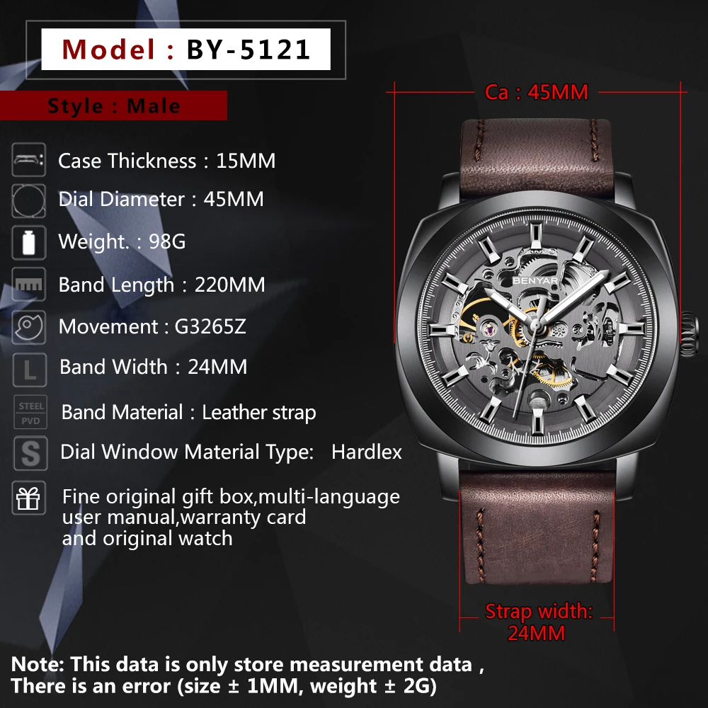 BENYAR Design 2021 Top Brand Fashion Luxury Men's Automatic Mechanical Watches High-quality Leather Waterproof Night Light Watch
BENYAR Design 2021 Top Brand Fashion Luxury Men's Automatic Mechanical Watches High-quality Leather Waterproof Night Light Watch