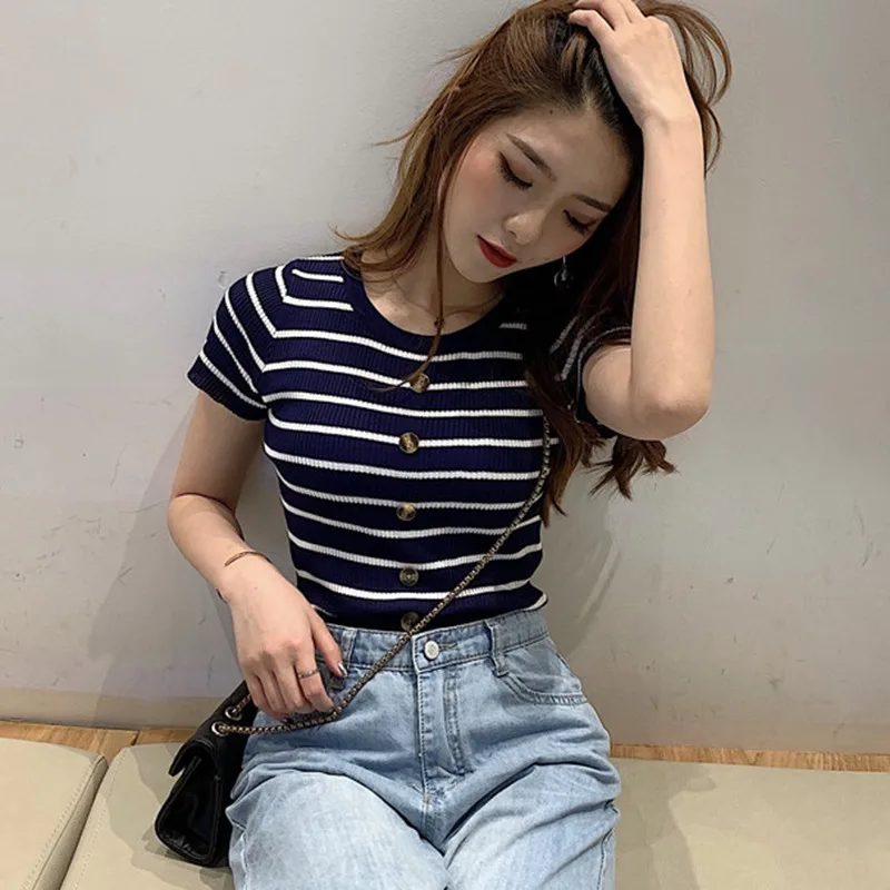 Womens Stripes T-Shirt Skinny O Collar Short Sleeve Slim Buttons Knitted Under Wear T shirt Casual Top Tees
Womens Stripes T-Shirt Skinny O Collar Short Sleeve Slim Buttons Knitted Under Wear T shirt Casual Top Tees