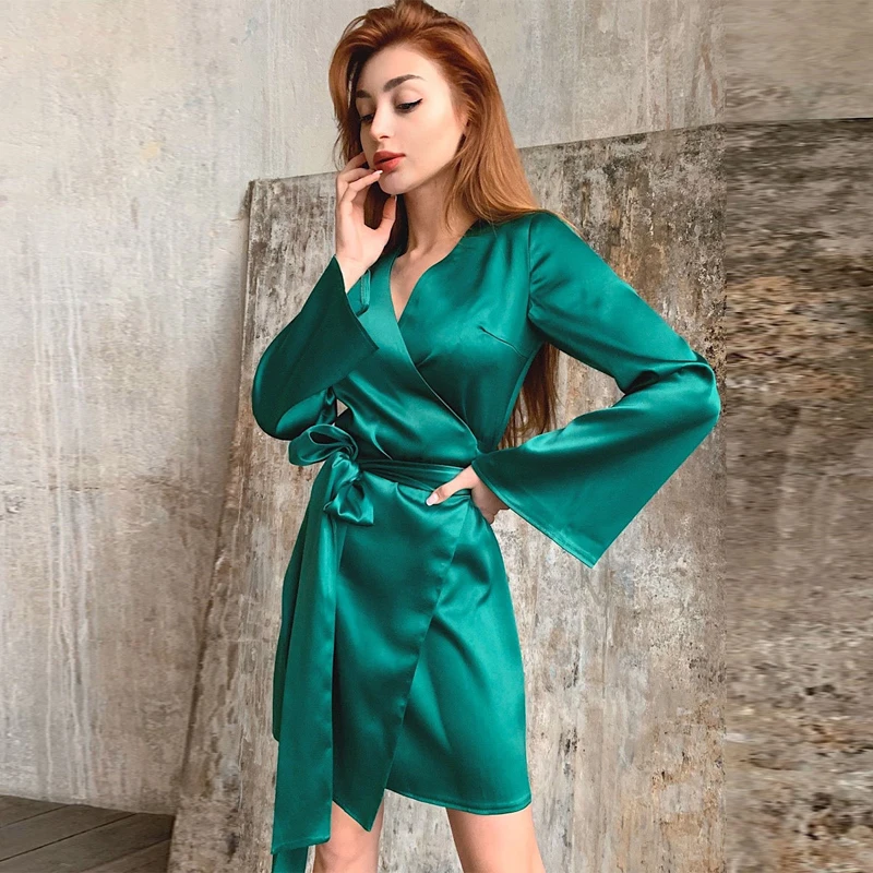 MOARCHO Casual Satin Lacing Wrap dress Woman V-Neck Flare Sleeve Bathrobe High Waist Mini A-Line Dress Holiday 2021 Summer
MOARCHO Casual Satin Lacing Wrap dress Woman V-Neck Flare Sleeve Bathrobe High Waist Mini A-Line Dress Holiday 2021 Summer