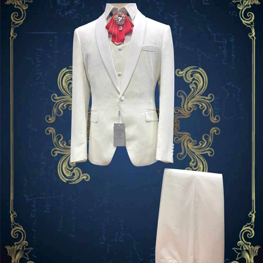 

2021 Hot Sale Superior Quality White Jacquard Costume Homme Groomsmen Festivity Wedding Dress Blazer+Trousers+Vest Slim Suit Men