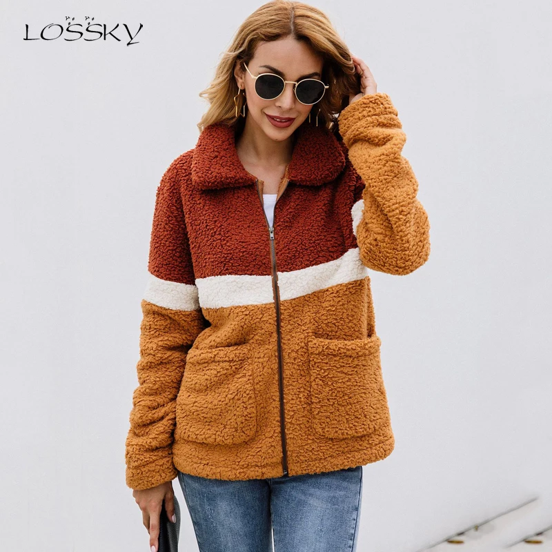 Фото Женская плюшевая куртка Lossky осенне зимняя теплая фланелевая с длинным