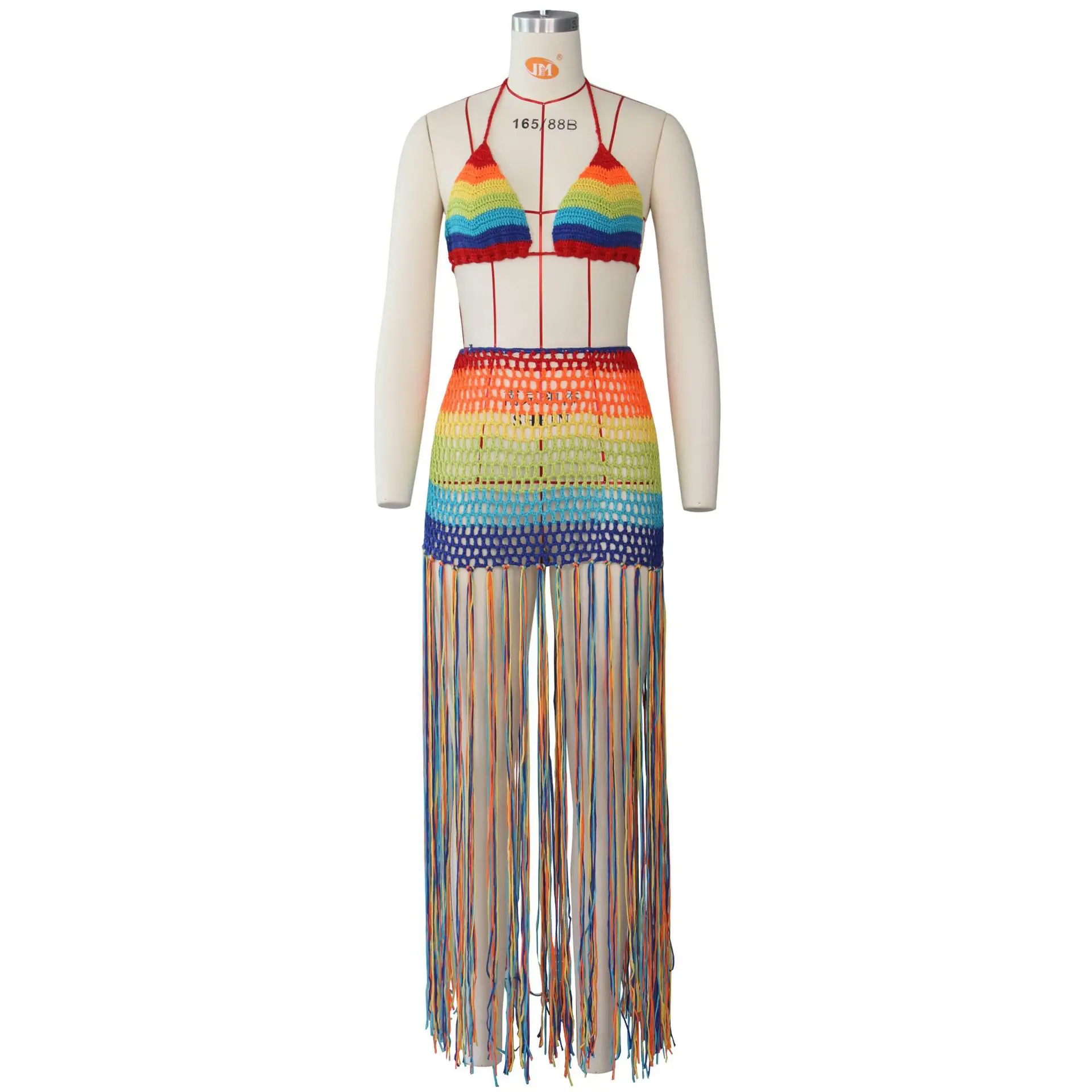 Sexy Swimwear Women Rainbow Hand-crocheted Tassel Two Pieces Set Beach Dress Swimwear Women 2020
